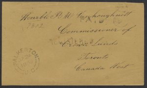 1859 Stampless Registered Cover Walkerton (Bruce) UC to Toronto Bentinck Ruggles