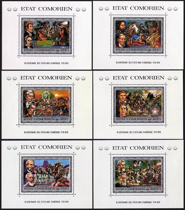 Comoro Isls 165-170 deluxe sheets,MNH.Mi 257-262 Bl.12-17. USA-200,1976.Heroes.