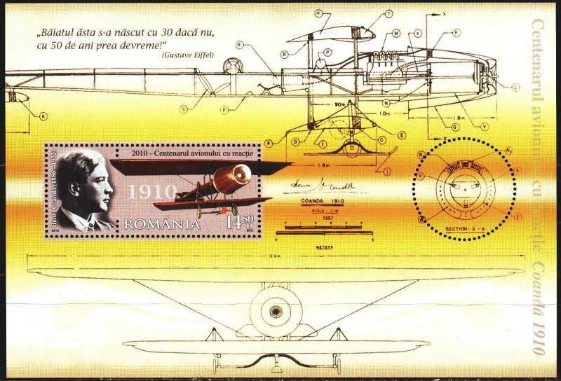 Romania. 2010. bl481. Aviation, pilot, plane. MNH.