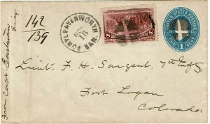 1890's Fort Leavenworth, KS registered cover to Fort Logan, CO, 8c Columbian