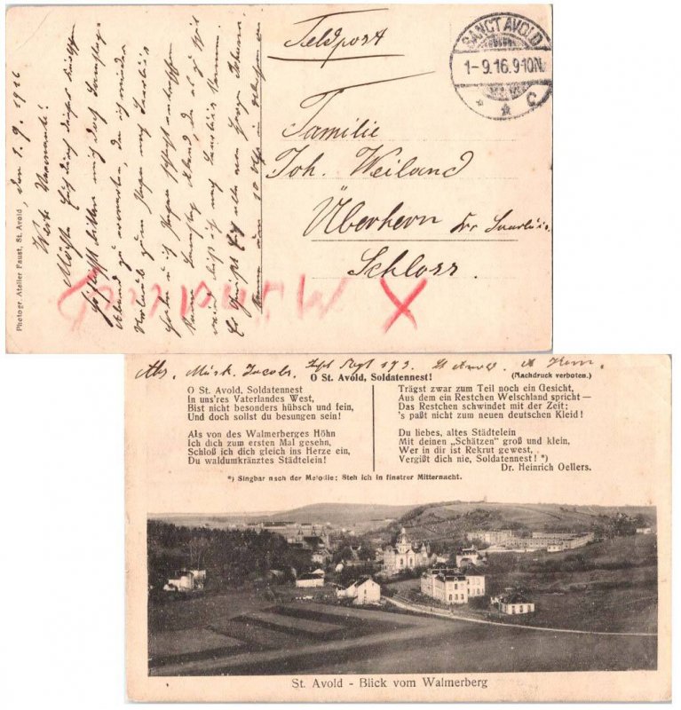 Germany Soldier's Free Mail 1916 Sanct Avold now France Feldpost Postcard (St...