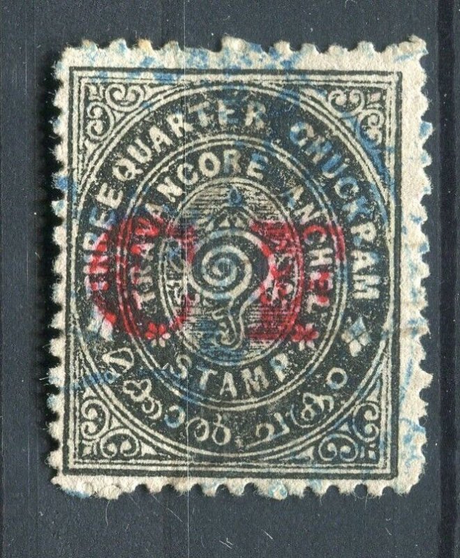 INDIA; TRAVANCORE early 1900s local ' CF ' Optd Revenue fine used 3/4ch.