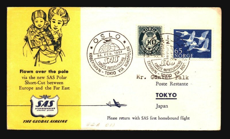 Norway 1957 SAS FFC North Pole Cover to Japan - Z17843