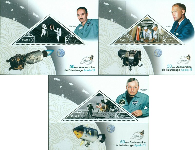 Space NASA 50 Apollo 11 Anniversary Neil Armstrong 3 MNH stamp sheets set