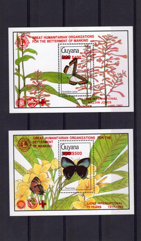 Guyana 1992 BUTTERFLIES/LIONS INT.75 YEARS 2 S/S RED ovpt.Perforated MNH