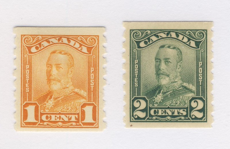 2x Canada George V MH Coil stamps #160-1c F+ #161-2c F/VF Guide Value = $70.00