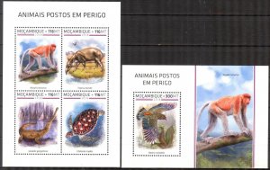 Mozambique 2018 Endangered Species Birds Turtles Monkeys sheet + S/S MNH