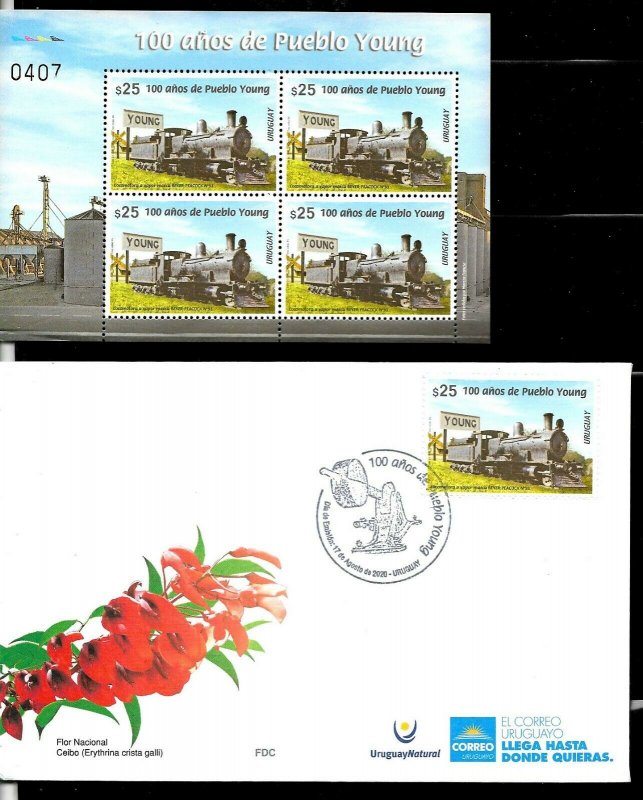 URUGUAY 2020 TRAIN RAILROAD YOUNG VILLAGE CENTENARY MINISHEET COMBO MNH+FDC