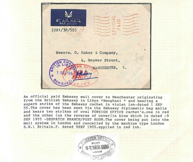 BOIC LIBYA Cover EMBASSY Forwarded *DIPLOMATIC BAG* 1955 Manchester RARE MS3910