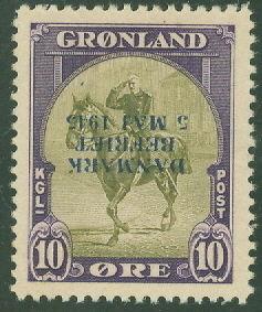 GREENLAND #22v (22v1) 10ore INVERTED OVPT, og, NH signed STOLOW