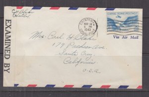 CANAL ZONE, 1943 Censored Airmail cover, 15c. Cristobal to California,