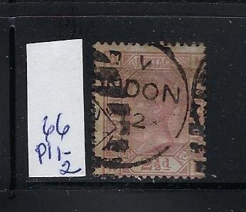 GREAT BRITAIN SCOTT #66 (PLATE 1) 1875 2 1/2 (CLARET) ) - WMK 28 - USED