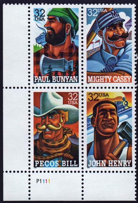 SC#3083-86 32¢ Folk Heroes Plate Block: LL #P1111 (1996) MNH
