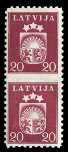 Latvia #224, 1940 20s rose brown, vertical pair imperf. between, never hinged