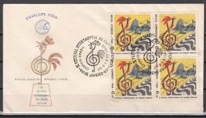 Brazil, Scott cat. 1097. Rooster Song Festival, Blk of 4. First day cover.