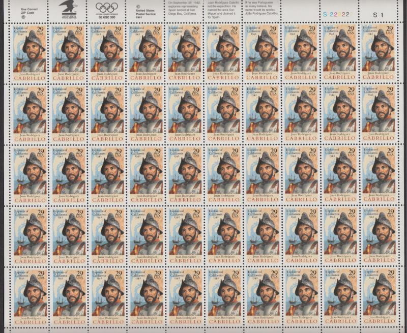 US #2704   Juan Cabrillo   Full sheet of 50  MNH