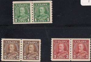 Canada #228-30 1-3 cent King George 5, Coil Pair Stamp mint OG NH VF