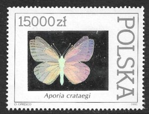 POLAND 1991 15000z Hologram BUTTERFLY Single From Souvenir Sheet Sc 3056 MNH