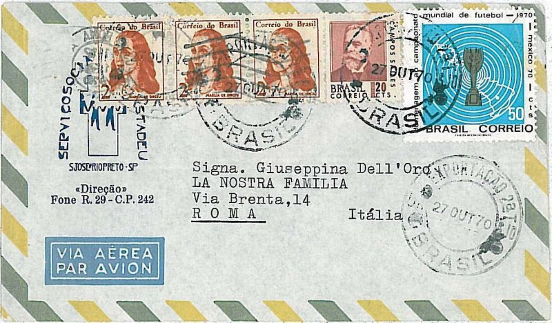 21598  -  BRAZIL - POSTAL HISTORY - AIRMAIL COVER to ITALY  1970  Football