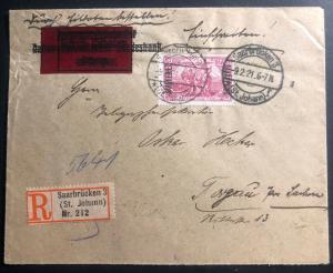 1921 St Johann Saar Cover To Torgau Germany  Saargebiet MI# 43b W Certificate