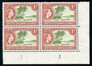 Solomon Islands 1956 QEII 1d yellow-green & red-brown Plate 1 block MNH. SG 83.