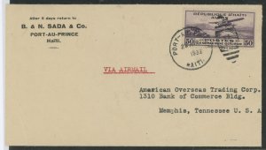 Haiti C2 50c Airmail stamp franked 1932 Port-Au-Prince commerically used airmail cover to Memphis, TN, cover is bent and has wri