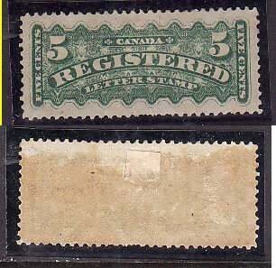 Canada-Sc#F2-id9-unused heavy hinged 5c dark green Registration - 1875-