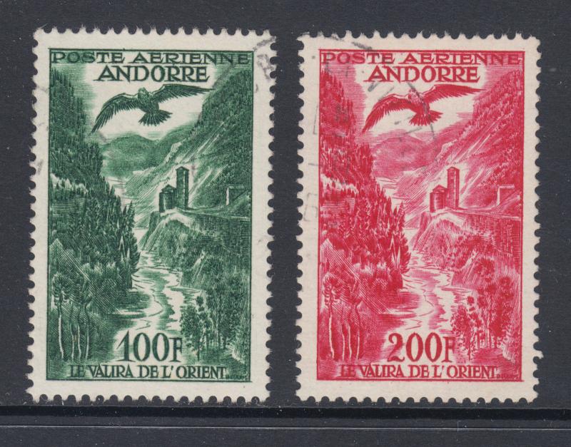 French Andorra Sc C2, C3 used. 1955 Valira River air post stamps