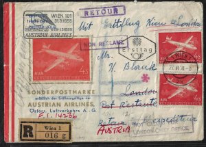 AUSTRIA 1938 REGISTERED AIR FIRST DAY COVER VIENNA TO LONDON & RETURNED TO VIENN