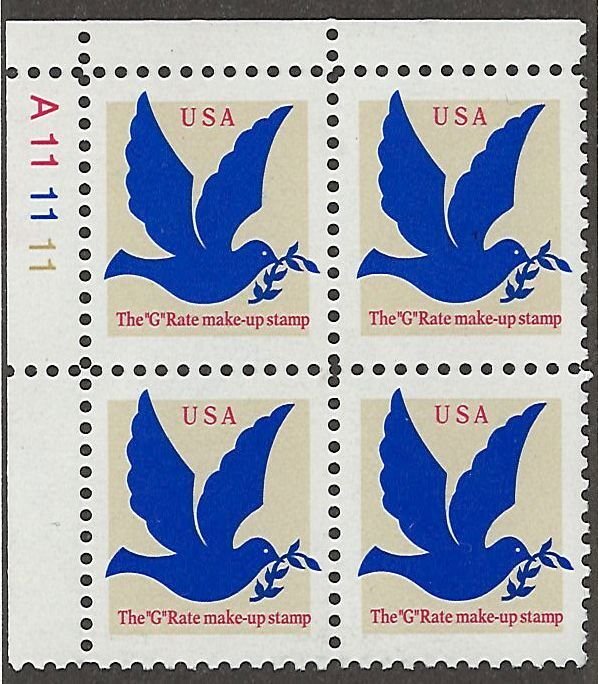 US Scott# 2877 1994 (3c) tan, brt bl & red Dove  Plate Block - Upper Left - Mint