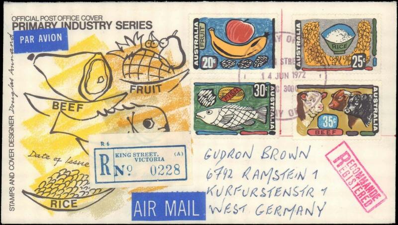 AUSTRALIA REGISTERED FIRST DAY FOOD WITH CACHET TO GERMANY #141