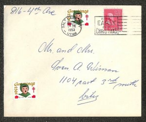 USA #806 PREXY STAMP & WX164 TIED CHRISTMAS SEAL SALT LAKE CITY UTAH COVER 1953