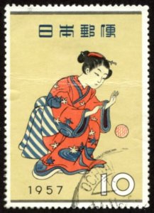 Japan #641  u - 1957 Stamp Week - Harunobu - ukiyoe - art - *crease* *writing*