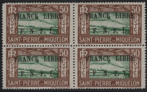 St Pierre et Miquelon 1942 MNH Sc 211 50c Lighthouse F.N.F.L. O/P Block of 4