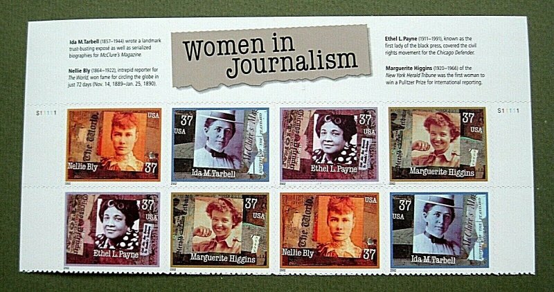 Sc # 3665-3668 ~ Header Plate # Block ~ 37 cent Women In Journalism Issue (di10)