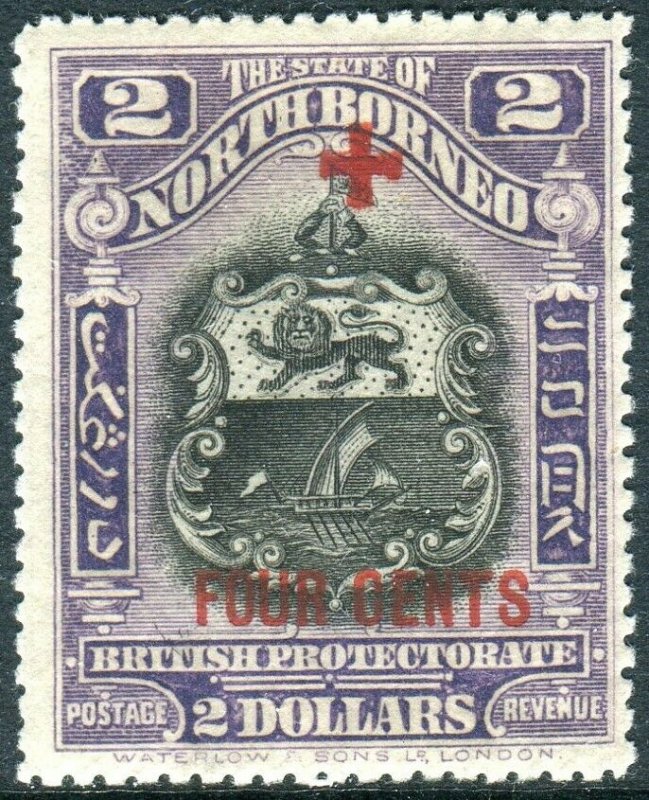 NORTH BORNEO-1918 $2 + 4c Lilac.  A lightly mounted mint example Sg 250