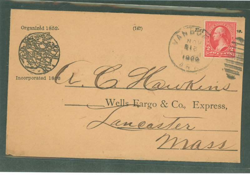 US 279B Van Buren Arkansas 1909 Wells Fargo Express mailed to Lancaster, Mass. Small piece missing from back of envelope, back f