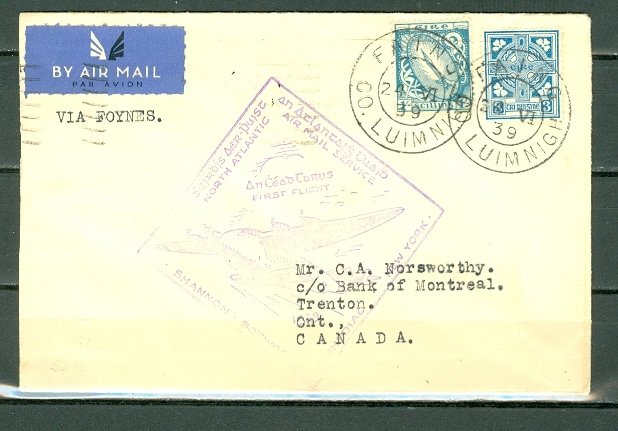 IRELAND 1939 FIRST FLIGHT AIRMAIL to CANADA...#70 & #76