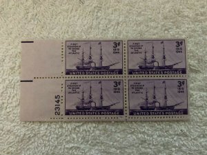 SCOTT 923 MNH 3 CENT PLATE BLOCK OF 4,- 1944, STEAMSHIP