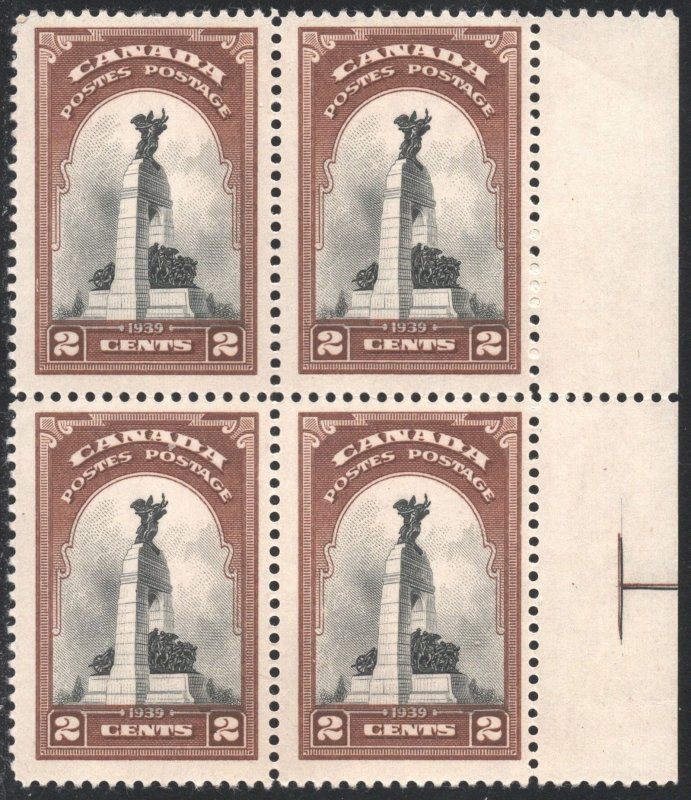 Canada SC#247 2¢ National War Memorial, Ottawa Margin Block of Four (1939) MLH