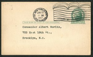 1917 NYC to Brooklyn Postal Card Flatbush Lodge Savoy Hall Albert Moritz 1c