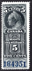 van Dam FWM45, 5c Black, used, Blue Control #, 1897 Victoria, Canada Weights