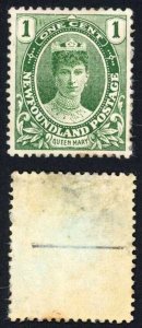 Newfoundland SG117a 1c Blue Green Paper adherence on reverse (tone spots) Cat 25