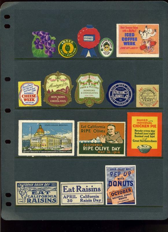 OLD FOOD RELATED POSTER STAMPS CHEESE, MILK, FRUIT, CANDY, PURITAN JELLY, ETC