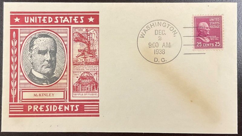 829 Staehle cachet William McKinley, Presidential Series  FDC 1938