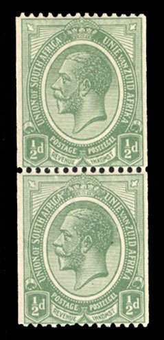 South Africa #17 Cat$13+, 1913 1/2p blue green, vertical pair, top stamp hing...