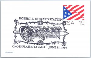 US SPECIAL EVENT POSTAL CARD PICTORIAL CANCEL ROBERT E. HOWARD'S CONAN 1994