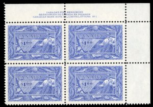 Canada #302 Cat$175, 1951 $1 Fishing, plate block of four, never hinged