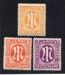 Germany A.M.G. 1945 6pf, 8pf, 12pf, Scott 3N5b, 3N6b, 3N8b MH, value = 75c