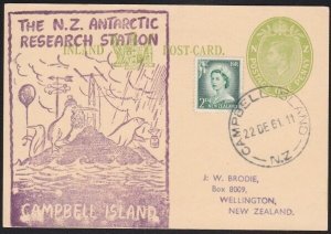 NEW ZEALAND CAMPBELL ISLAND 1961 uprated 2d postcard to New Zealand........B3636